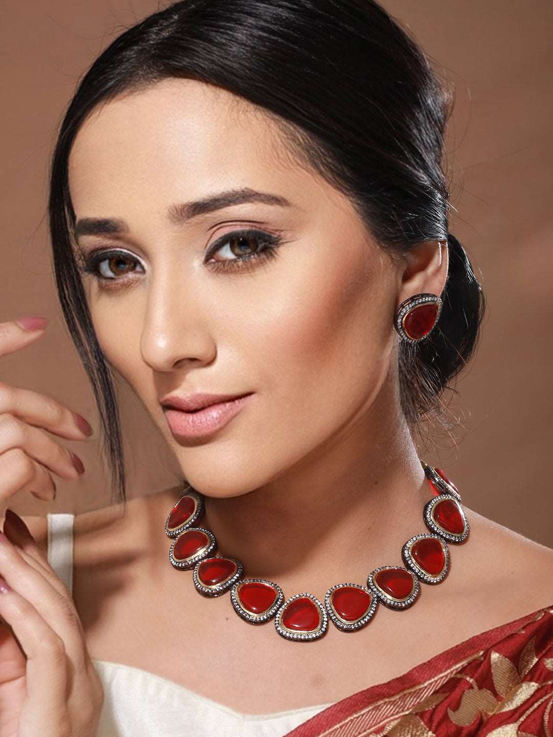 Cushion Cut SemiPrecious Stones & Pearl Beaded Choker Jewellery Set, zaveri pearls, sale price rs, sale price, sale gold plated, sale gold, sale, rubans, ring, regular price, priyassi jewelle